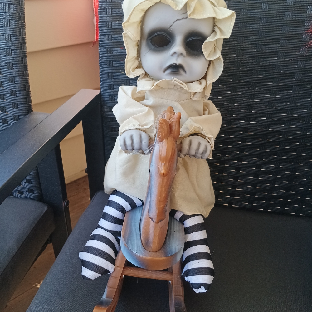Halloween Gothic Girl Doll with Wooden Rocking Horse